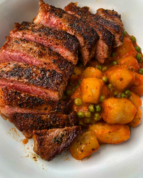 Pan Seared Ribeye Steak with Cauliflower Gnocchi with Pomodoro Sauce