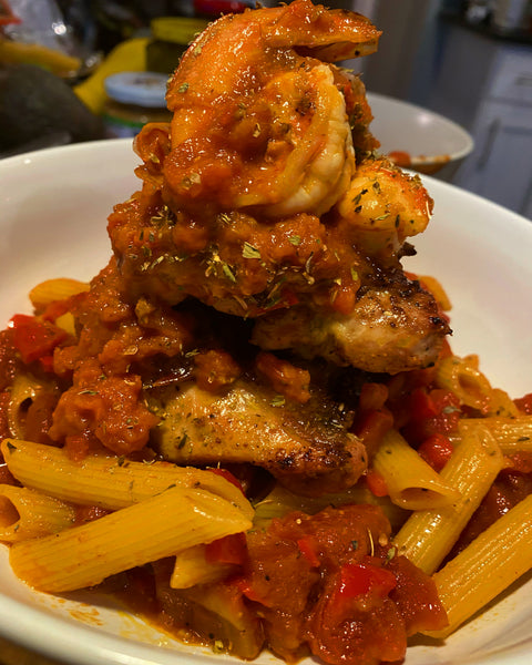 Thick Thighs & Shrimp with Red Curry Pasta