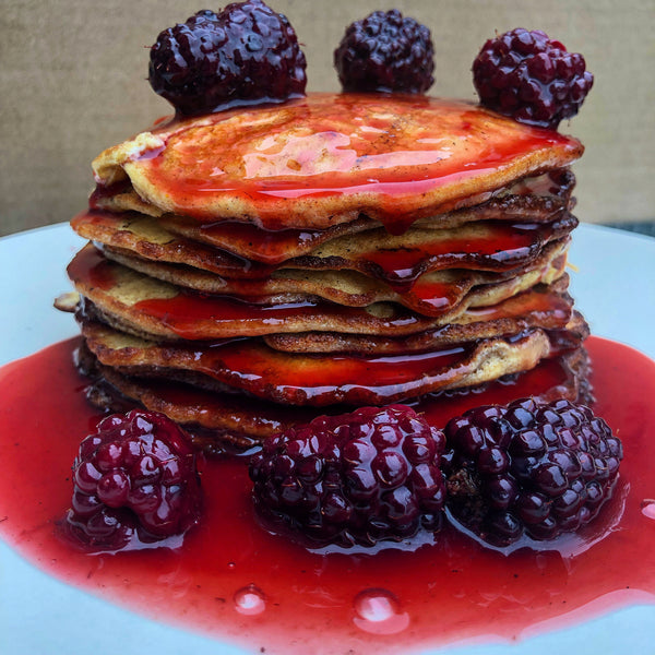 Keto Orange Pancakes with Spiced Blackberry Syrup
