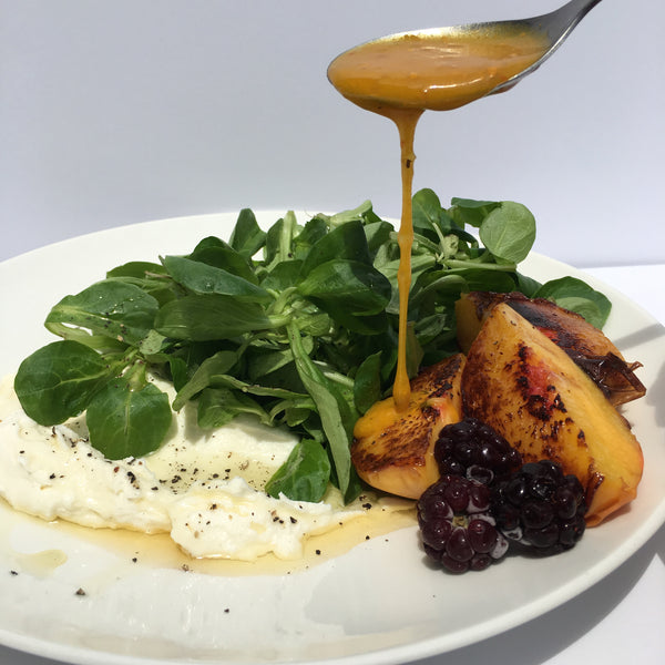 Skillet Seared Peach Salad with Honey & Pepper Goat Cheese