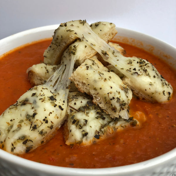 Tomato Soup with Ginger and Mozzarella Croutons