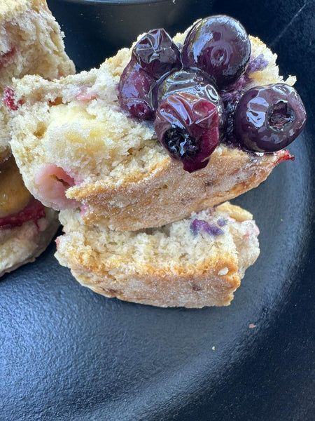 Strawberry Cheesecake Biscuits with Blueberry Compote
